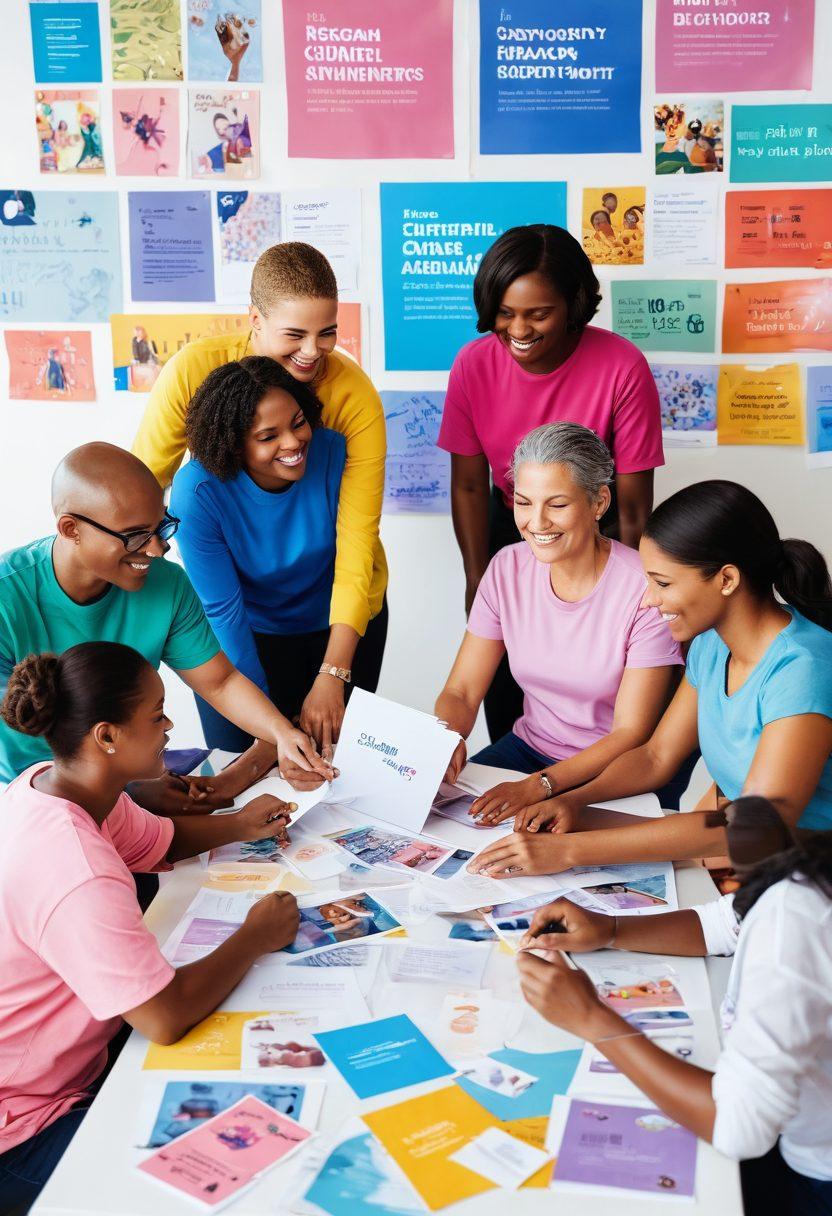 A vibrant and hopeful scene illustrating a diverse group of people collaborating on cancer awareness, surrounded by a variety of cancer resource materials like brochures, books, and digital screens. Incorporate bright colors and symbols of hope, such as ribbons and blooming flowers, showcasing the journey from awareness to action. The backdrop should convey a sense of community and support, with soft lighting and an inviting atmosphere. super-realistic. vibrant colors. white background.