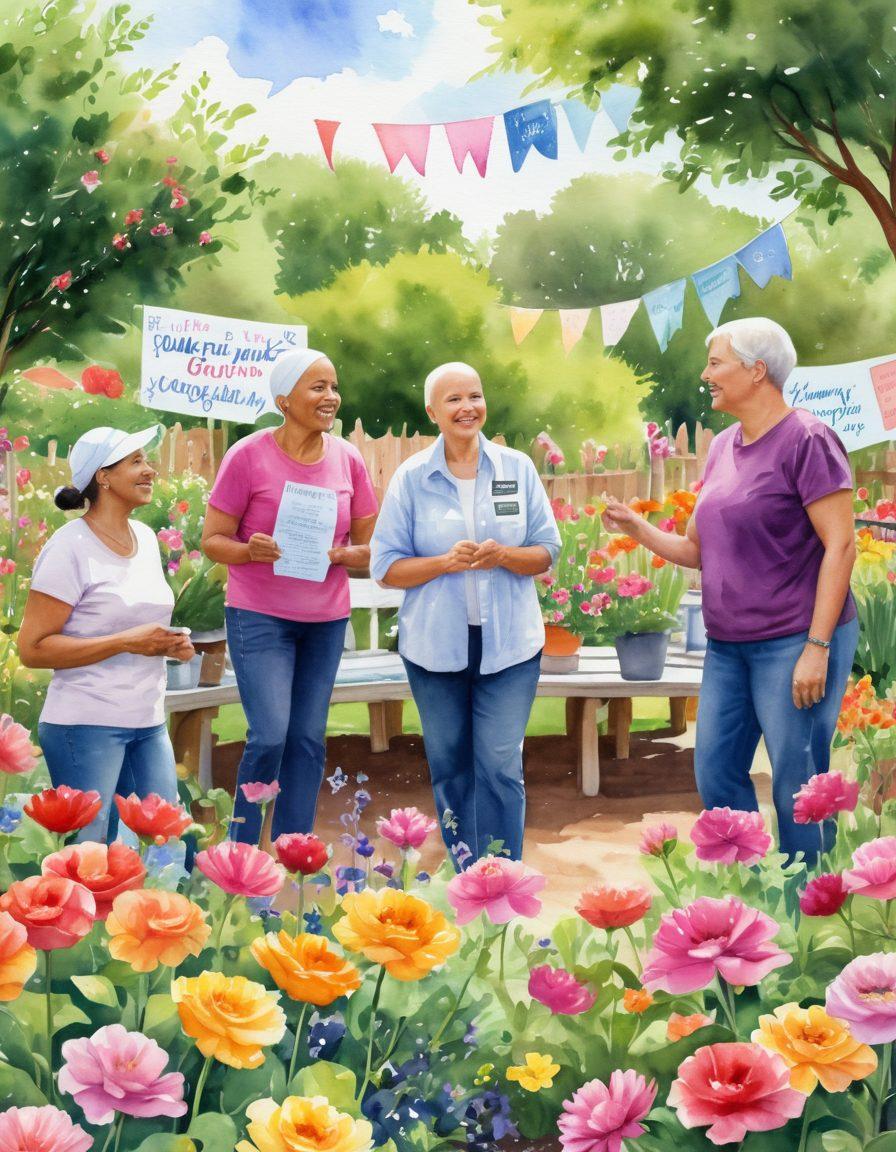 A diverse group of cancer survivors gathering in a vibrant community garden, exchanging stories and sharing knowledge, surrounded by blooming flowers and greenery. In the background, uplifting banners with motivational quotes can be seen, symbolizing hope and empowerment. The image radiates warmth, camaraderie, and positivity, inviting viewers to join the community. watercolor. vibrant colors. soft focus.