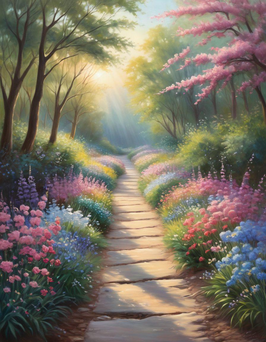A serene pathway symbolizing a journey, flanked by blooming flowers representing hope and growth. Include supportive hands reaching out, with gentle light streaming down to signify empowerment and enlightenment. Incorporate diverse individuals walking together, embodying unity and strength in the fight against cancer. soft pastels. impressionistic style. warm lighting.